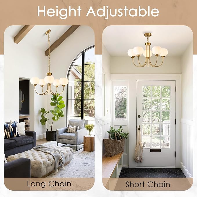 Modern Globe Chandelier 5 Light Mid Century White Milk Glass Vintage Sputnik Hanging Chandeliers Gold Pendant Light Fixtures for Dining Room Kitchen Living Room Bedroom