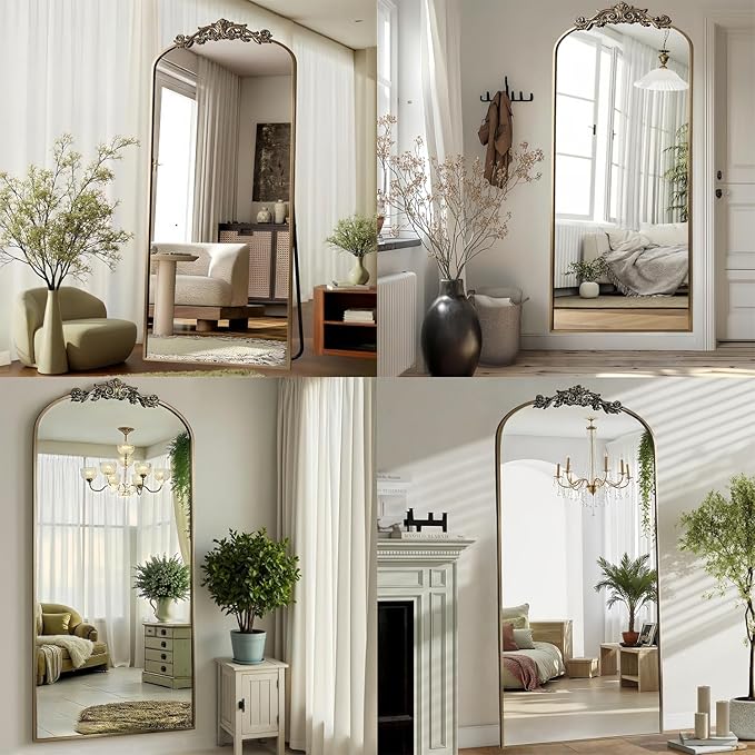 Arched Full Length Mirror, 71"x32" Full Body Mirrors with Carved, Floor Mirror for HomeDecor, Standing/Halling Large Wall Mirror for Bedroom, Living Room, Cloakroom, Bronze, Retro Style