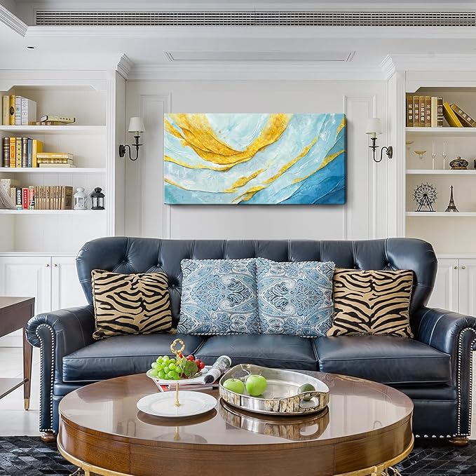 Nicetop Modern Large Abstract Wall Art – Blue and Yellow Flowing Lines Canvas Prints Contemporary Coastal Artwork Horizontal Decorative Wall Picture for Living Room Bedroom Home Office Decor 48x24 Inch