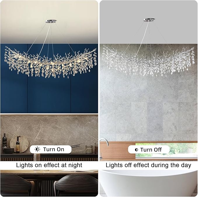 Modern Crystal Silver Chandeliers,72" Large Rectangular Chandeliers for Dining Room, Tree Branch Crystal Lving Room Chandelier,Dining Room Over Table Chandelier,Fixture Height-Adjustable