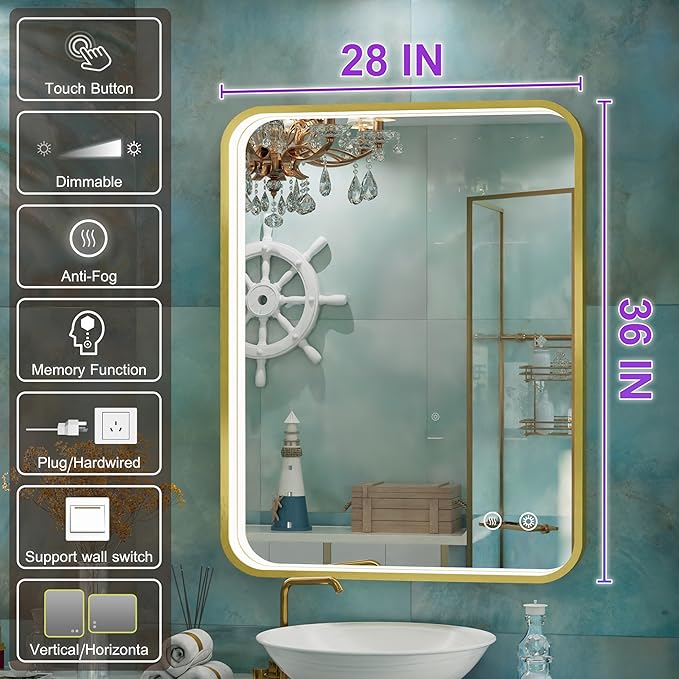 28x36 Inch Gold LED Bathroom Mirror with Lights, Wall Mounted Framed Lighted Bathroom Vanity Mirror, Stepless Dimmable, Memory Funtion, Anti-Fog, Horizontal/Vertical