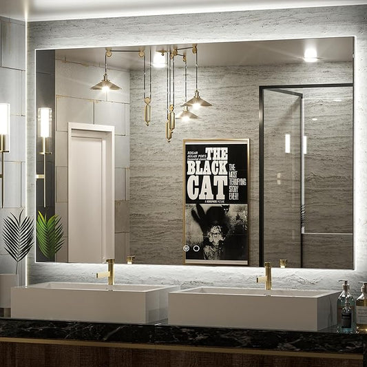 Keonjinn 55 x 36 Inch LED Bathroom Mirror with Backlit, Anti-Fog Vanity Mirror, CRI90+ HD Tempered Glass, Stepless Dimmable, High Lumen, UL Listed, IP44 Waterproof, Horizontal/Vertical