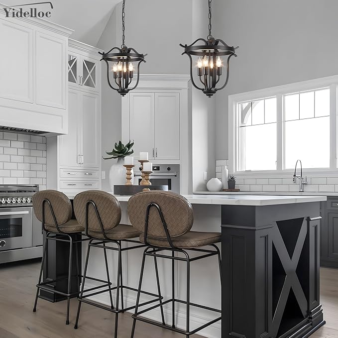 Black Chandelier Farmhouse Cage Pendant Light E12 4 Light Ceiling Light Fixtures Vintage Chandeliers for Dining Room Kitchen Entryway Hallway Foyer