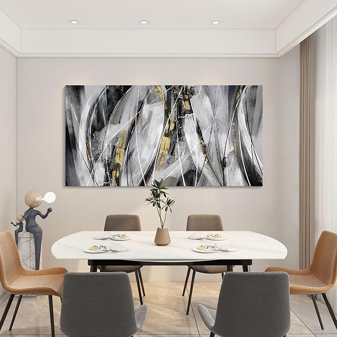 KLAKLA Black Wall Art for Living Room - Large Wall Decor Gold White Gray Abstracr Canvas Wall Art - Bedroom Art Painting Picture Artwork for Wall