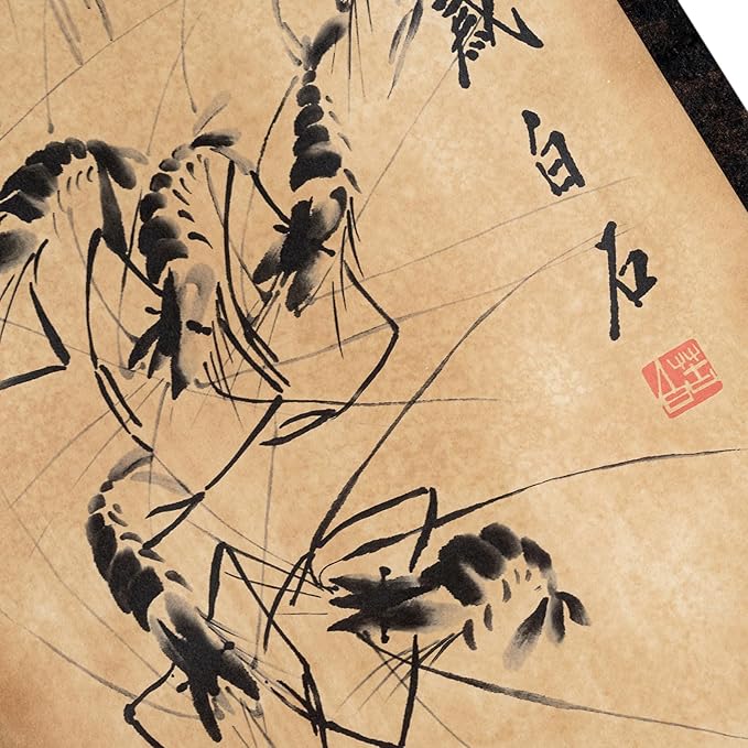 CIFIBIFUN Wall Asia Art Prints Posters,4 Panels Qi Baishi Shrimp China Ink Painting Replica Paper Scroll, Home Walls Decor Chinese Painting