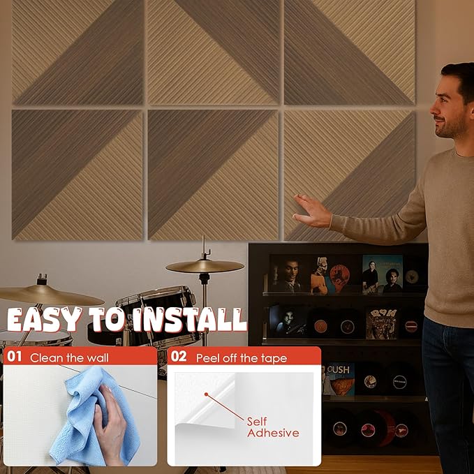 Acoustic Panels 6 Pack, Soundproof Wall Panels 23.6 x 23.6 Inches, Large Decorative Sound Absorbing Panels,Self-Adhesive Acoustic Treatment for Home Studio Office,Deep SymmetryLuxe