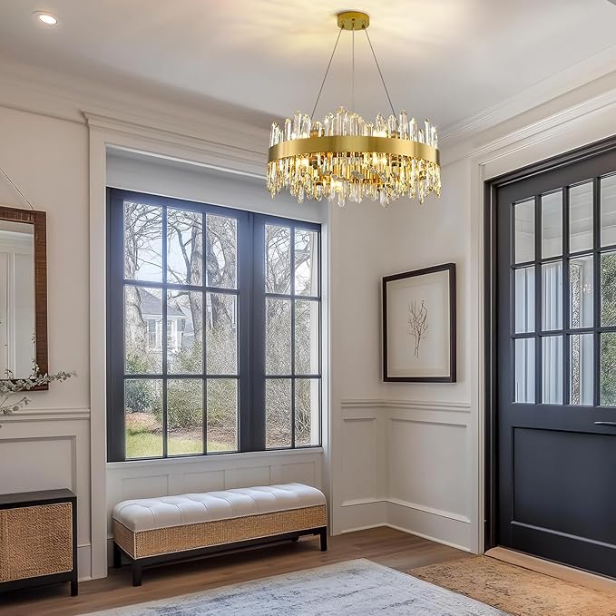 Modern Crystal Chandelier, 24in K9 Crystal Chandeliers for Dining Room, 12 Lights 2 Tier Dimmable Round Gold Chandelier, Adjustable Modern Chandeliers for Living Room, Bedroom, Bathroom, Kitchen Foyer