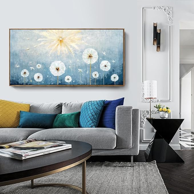 Nicetop Large Framed Inspirational Wall Pictures for Living Room Blue Floral Canvas Art Prints for Bedroom Office Nature-Inspired Dandelion Botanical Flower Artwork,Home Coastal Wall Decor 48x24 Inch