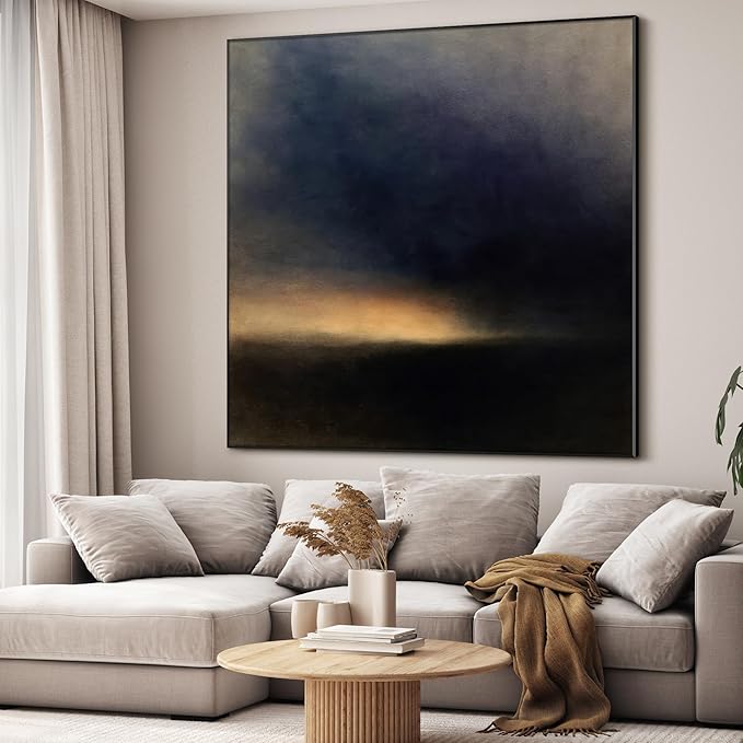 46"x46" XL Framed Wall Art - Moody Abstract Landscape Dark Blue and Golden Horizon Minimalist Foggy Forest Tranquil (Frame Assembly Required)