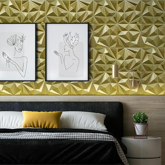 33 Pack 3D Modern Diamond Wall Panels for Interior Wall Decor,12''x12'' Champaign Gold Accent Wall Panles for Living Room,TV Wall Background,Bedroom