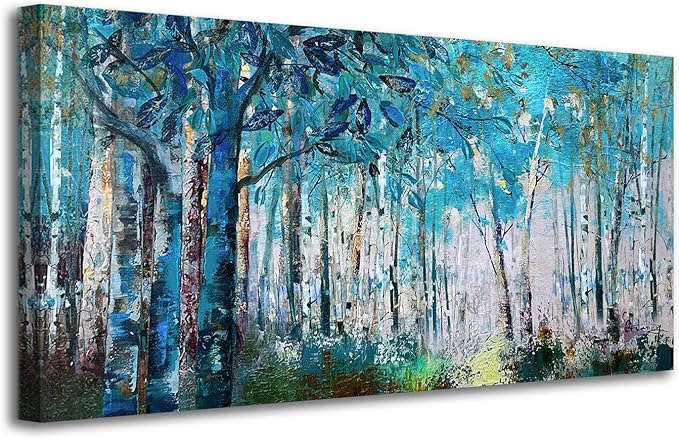 Ardemy Blue Tree Canvas Wall Art Forest Landscape Wall Decor Picture Nature Teal Abstract Textured Large Artwork Painting Art for Home Office Living Room, 40"x20"