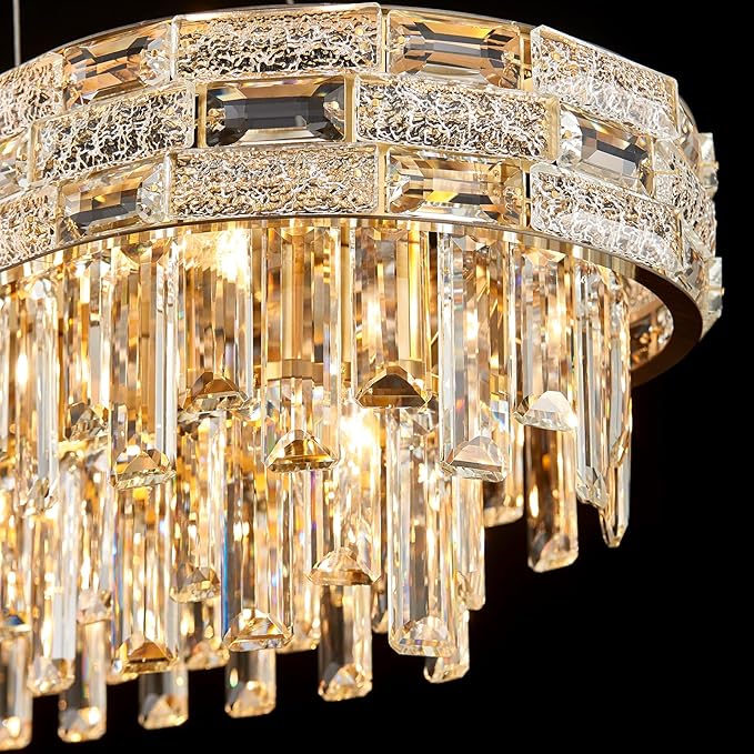Modern Crystal Chandelier,12-Light Gold Chandelier Light Fixture Contemporary Luxury K9 Crystal Rectangular Pendant Ceiling Light Fixture for Dining Living Room Kitchen Island Bar (L34.3Inch)