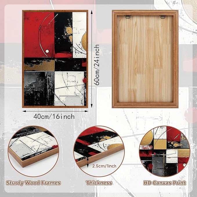 LHIUEM Abstract Black Framed Canvas Wall Art,Modern Red Wall Decor,Boho Metal Painting,Minimalist Textured Gold Artwork for Living Room,Bedroom,Dining Room -16"x24"x3