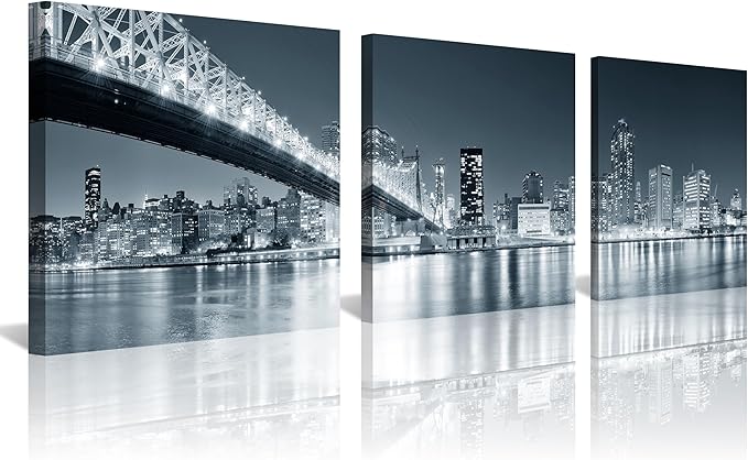 New York City Skyline Panoramic Canvas Art Black and White Brooklyn Bridge Night Scene 3 Panel Modern Urban Landscape Wall Decor Skyscrapers Reflection Print Living Room Office Bedroom Home Decoration