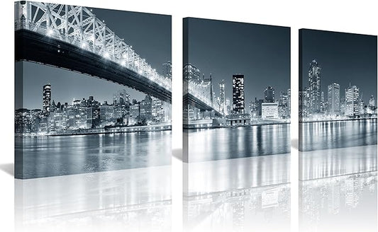 New York City Skyline Panoramic Canvas Art Black and White Brooklyn Bridge Night Scene 3 Panel Modern Urban Landscape Wall Decor Skyscrapers Reflection Print Living Room Office Bedroom Home Decoration