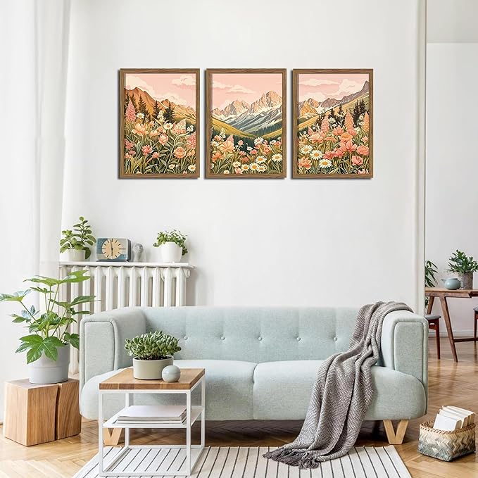 MUWAK Framed Mountain Landscape Canvas Wall Art Set of 3 – Rustic Wildflower and Sunset Nature Prints, Boho Floral Artwork Wall Decor with Wooden Frame for Living Room Bedroom Home Decor – 16x24in