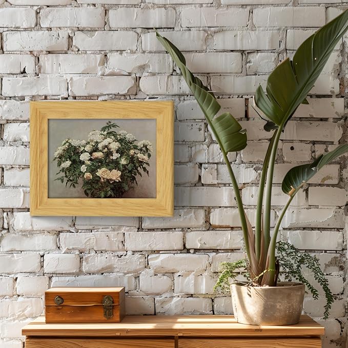 Brivoria Framed Canvas Wall Art Vintage Decor, Realistic Botanical Artwork with White and Pink Rose Bush in Bloom and Soft Background for Kitchen Bedroom Tabletop Display or Shelf Decor, 8"x10"