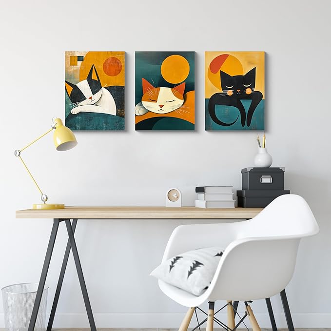 NAN Wind 3PCS 16L x 12W Cat Wall Art Canvas Print Sleeping Cat Tabby Mid Century Modern Geometric Animal Decor Minimalist Teal and Orange Retro Style Artwork for Bedroom Living Room Pet Lovers