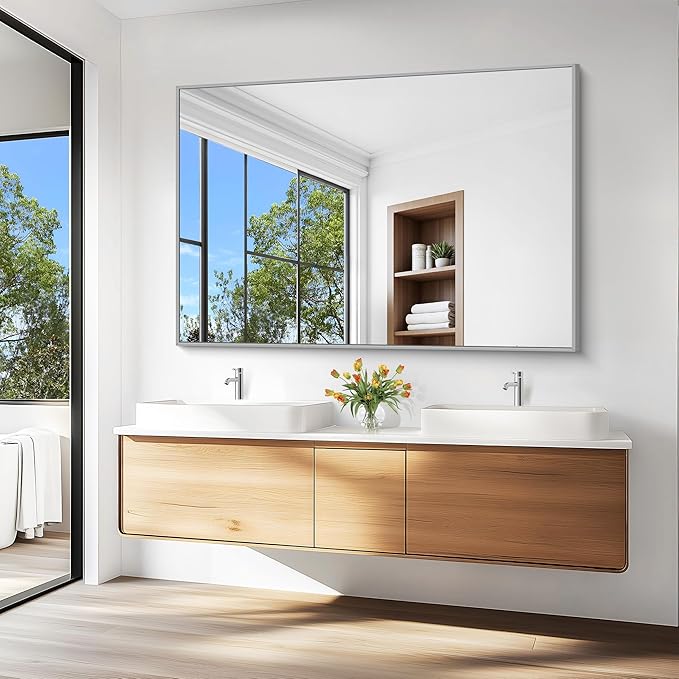 KOCUUY Silver Bathroom Mirror, 60"x40" Large Rectangle Bathroom Mirror for Wall, HD Tempered Glass, Anti-Rust Brushed Silver Frame, Modern Design for Bathroom, Bedroom, Hang Horizontal/Vertical