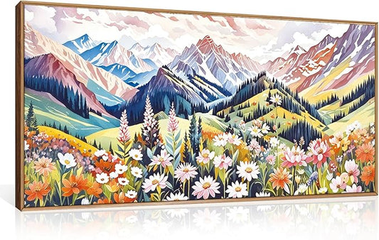 Large Colorful Scenery Framed Canvas Wall Art, Abstract Floral Mountain Wall Decor,Boho Botanical Landscape Artwork,Brilliant Nature Art Print for Living Room, Bedroom, Office- 40"x20"