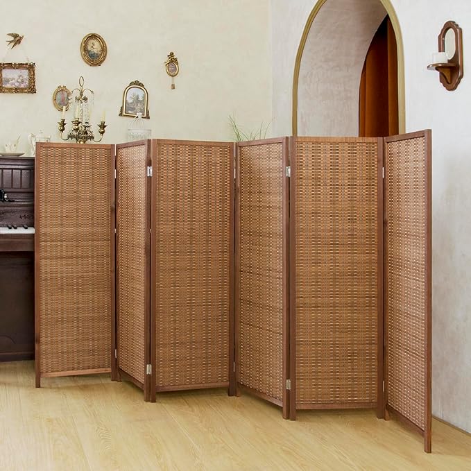 6 Panel Short Room Divider Folding Screen,47 inch Bamboo Panel Divider for Home Partition,Brown