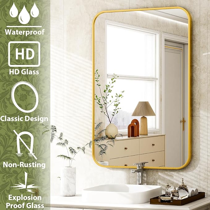 24 x 36 Inch Bathroom Mirror, Rounded Rectangular Vanity Mirror for Wall, Modern Mirror for Room Decor, Gold Framed Wall-Mounted Mirrors for Home Decor, Hangs Horizontally or Vertically