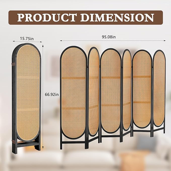 6 Panels Room Dividers, Hand-Woven Rattan Room Divider Panel and Folding Privacy Screens, Wood Room Divider Wall Freestanding Room Partitions Screen for Home Office Bedroom, Light Brown