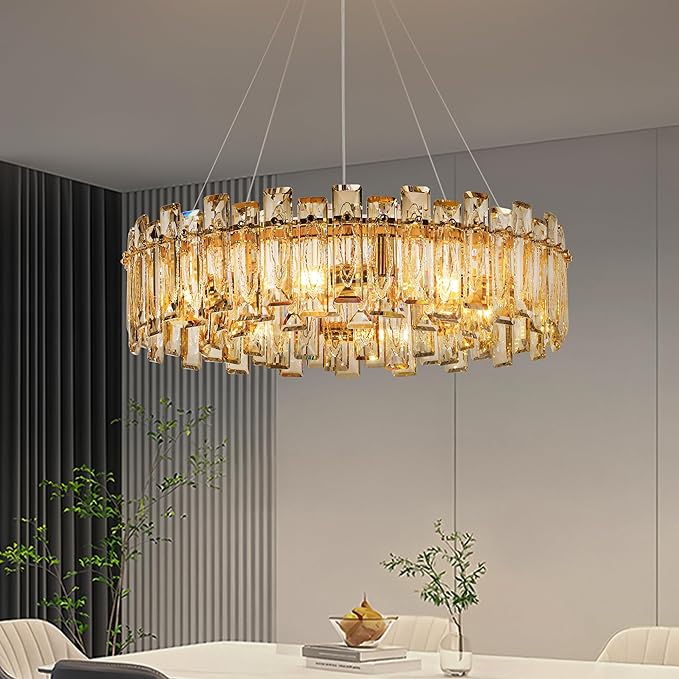Modern Luxury K9 Crystal Chandelier 10-Lights Gold Round Pendant Light Easy Install Ceiling Hanging Light Fixture for Dining Living Room Kitchen Island Entryway Foyer D31.5