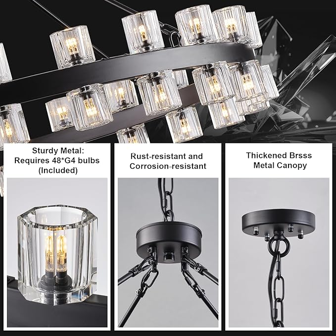 48 Inch Black Wagon Wheel Chandelier with Crystal Shade, Crystal Chandelier, Modern Farmhouse Style, Ideal for Dining Room, Kitchen, Entryways,48 Lights (Bulbs Included)