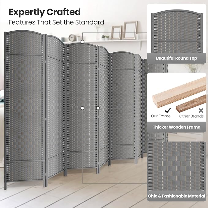 8 Panel Room Divider,6Ft Folding Privacy Screen,Tall - Extra Wide Foldable Panel Partition Wall Divider with Diamond Double-Weaved Hand-Woven Design Room Screen Divider