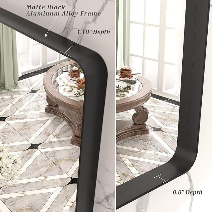 55x40 Inch Black Metal Framed Bathrrom Mirror for Wall, Black Matte Rounded Rectangle Bathroom Vanity Mirror, Anti-Rust, Tempered Glass, Hangs Horizontally or Vertically