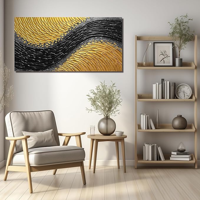 Abstract Painting Wall Art for Living Room Black and Gold Wall Art for Office 3D Textured Canvas Wall Decor for Bedroom Size 20 x 40 Inch