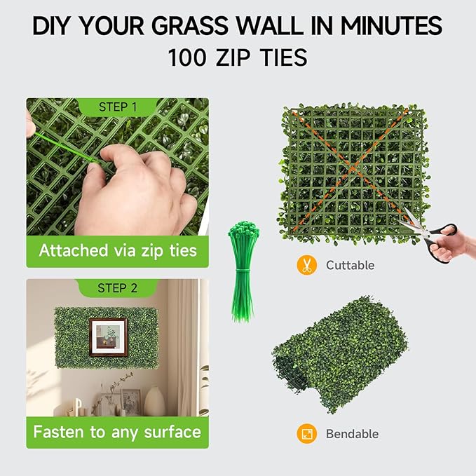 Artificial Grass Wall Panels, 12 PCS 10"x10" Boxwood Hedge Wall Panels with 100 Zip Ties, Boxwood Panels Backdrop for Outdoor Indoor Decorative Garden Fences Backyard Patio Privacy Hedge