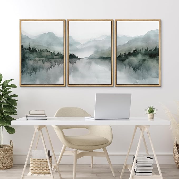 MUDECOR Framed Wall Art Print Set Misty Mountain Lake Watercolor Serene Illustrations Modern Art Boho Decorative Colorful Chic for Living Room, Bedroom, Office - 16"x24"x3 Natural