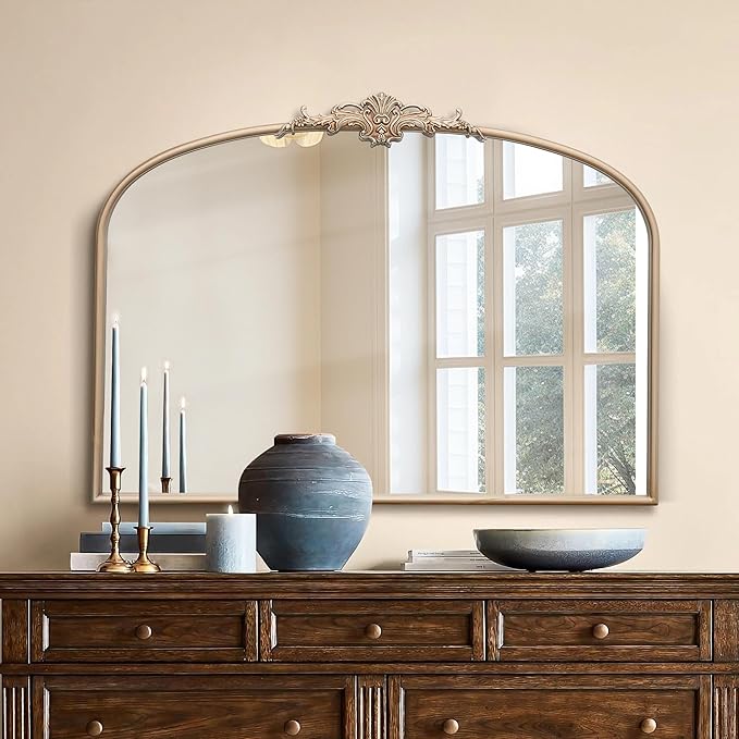 Arched Vintage Gold Mirror: 40"x30" Large Champagne Gold Antique Wall Mounted Mirror - Baroque Traditional Ornate for Fireplace/Bathroom/Living Room - Home Decor for Housewife