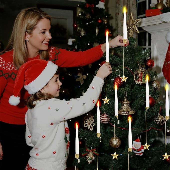 Christmas Tree Candles, 10 Pack Flameless Taper Candles for Christmas Tree Decor, Fake LED Candle Battery Operated with Remote for Xmas Wedding Home Gift with Gold Star Hook
