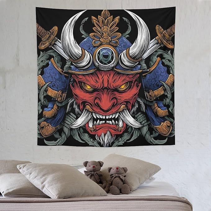 UUKXKUU Oriental Retro Mask Symmetry Samurai Tapestry Large Wall Art Backdrop Flag Wall Hanging Decor for Living Room Bedroom Dorm Office 60"×60"
