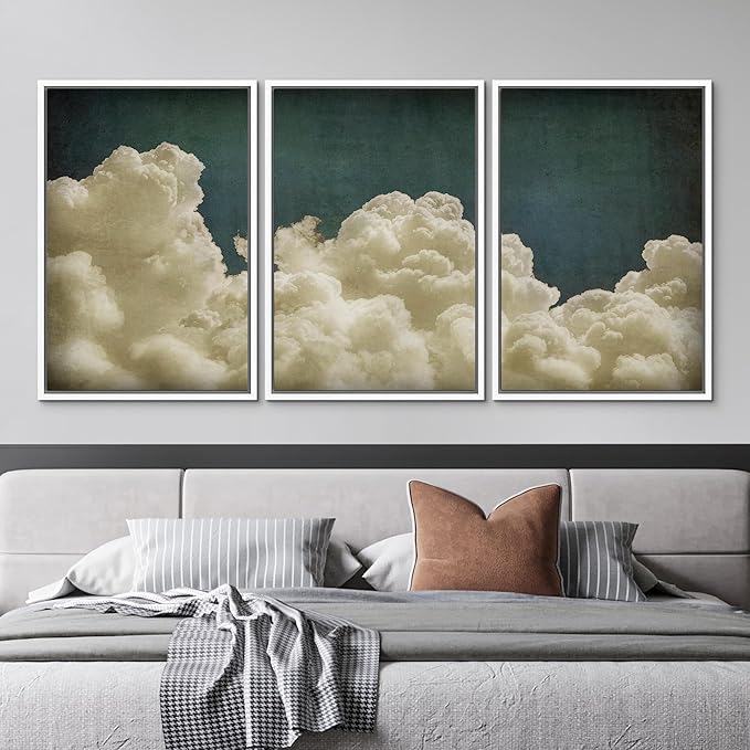 MUDECOR Framed Wall Art Print Set Vintage Cloudscape Dreamy Cotton Clouds Illustrations Modern Art Decorative Colorful Chic for Living Room, Bedroom, Office - 24"x36"x3 White