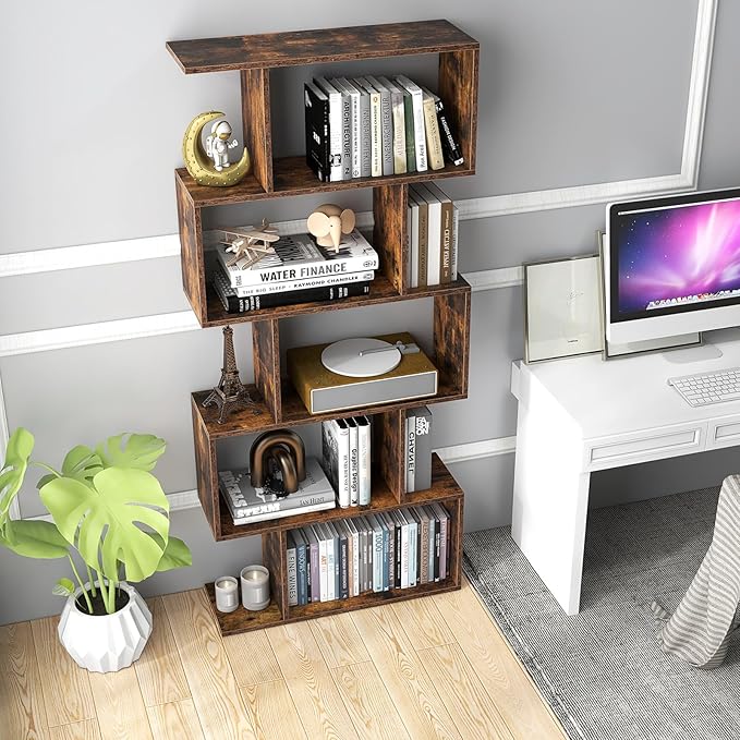 5 Tier Geometric Bookcase, S Shaped Bookshelf, Modern Decorative Storage Shelving, Wooden Room Divider Bookcase, 62.5" Tall Staggered Display Book Shelf for Living Room (1, Rustic Brown)