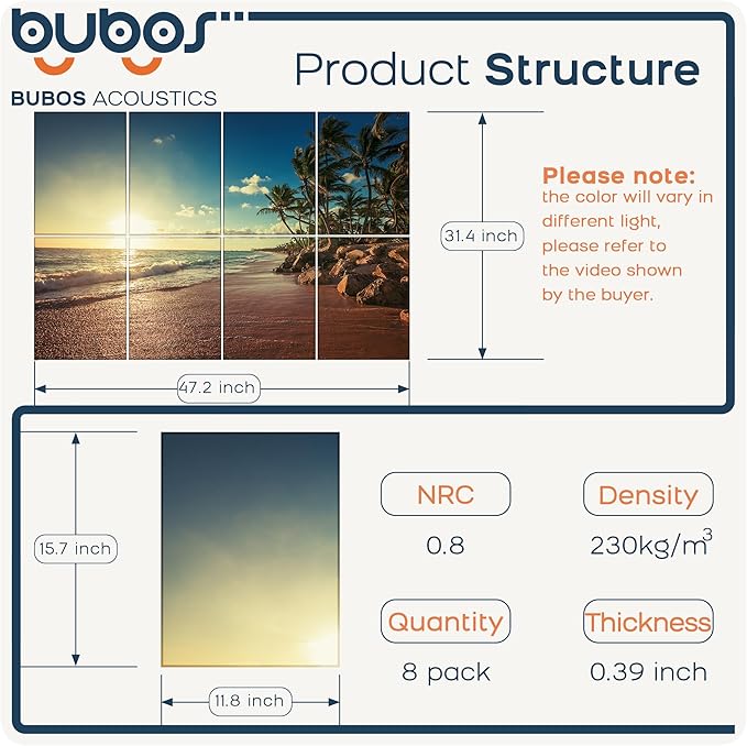 BUBOS 8 Pack Art Acoustic Panels Soundproof Wall Panel,47.2X31.4 Inches Sound Absorbing Panel,Self-Adhesive Decorative Acoustical Wall Panels, Acoustic Treatment for Ceiling Home Office（Beach02）