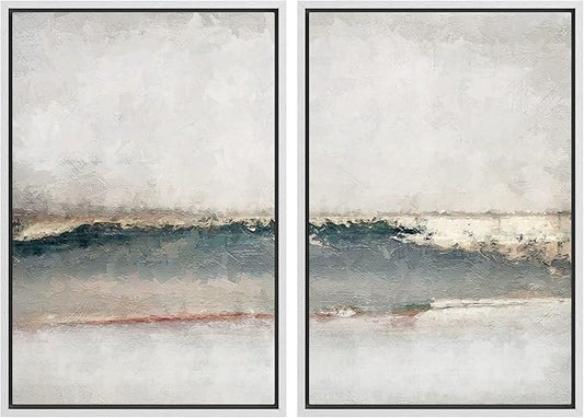 MUDECOR Framed Canvas Print Wall Art Set Watercolor Pastel Gray Teal Landscape Abstract Shapes Illustrations Modern Art Decorative Contemporary for Living Room, Bedroom, Office - 24"x36"x2 White