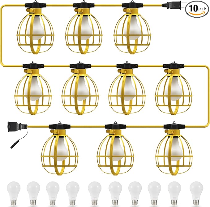 LEDIARY 100FT Construction String Lights, 10 Bulbs 100W 10500LM String Work Lights with 10 Medium Base Sockets, Linkable Jobsite Lights, Weatherproof Temporary Lighting Indoor&Outdoor