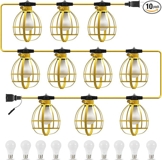 LEDIARY 100FT Construction String Lights, 10 Bulbs 100W 10500LM String Work Lights with 10 Medium Base Sockets, Linkable Jobsite Lights, Weatherproof Temporary Lighting Indoor&Outdoor