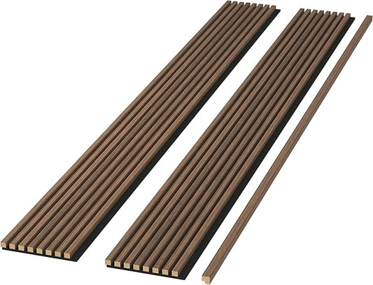 Modern 94” L x 11.25” W Acoustic Slat Wall Panels with End Cap – Wood Sound-Dampening Wall Treatment for Home, Office & Studio – 2-Piece Decorative Noise-Reducing Wall Panel Set (Dark Chestnut)