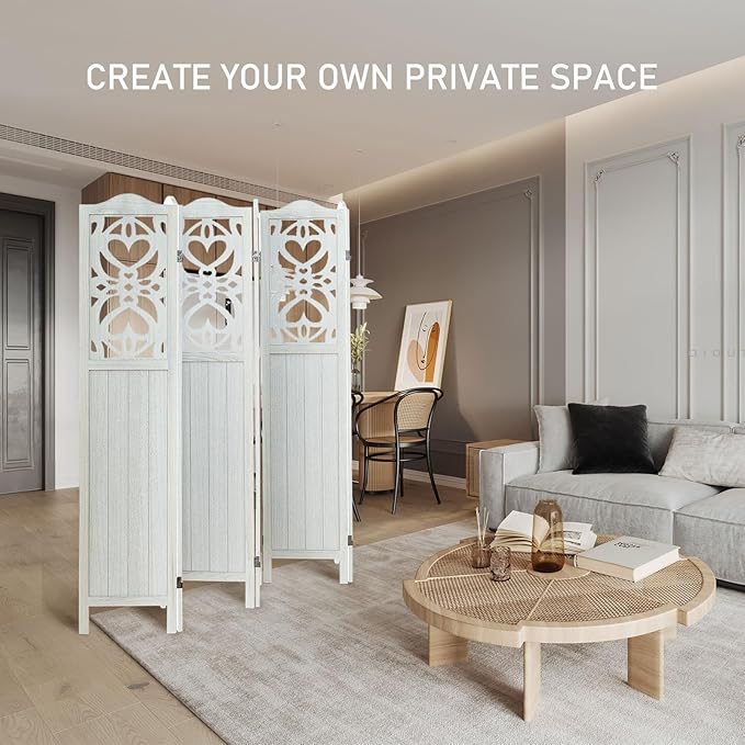 6 Panel Room Divider Fully Assembled, Carved Room Dividers and Folding Screens, 5.6Ft Wood Room Divider Screen Freestanding Partition Wall Dividers for Home Bedroom Office, Rustic White