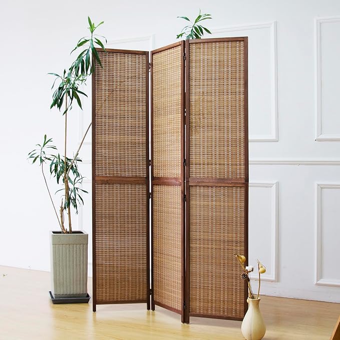 3 Panel Bamboo Room Divider and Folding Screen Divider,Two in One Detachable and Foldable Panel Divider for Room Separation,Brown,67" H x 46" W