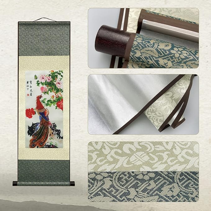 AtfArt Asian Wall Decor Beautiful Silk Scroll Painting Birds - Phoenix - Luan Xiang Feng Zhu Oriental Decor Chinese Art Wall Scroll Wall Hanging Painting Scroll (36.2 x 12 in)