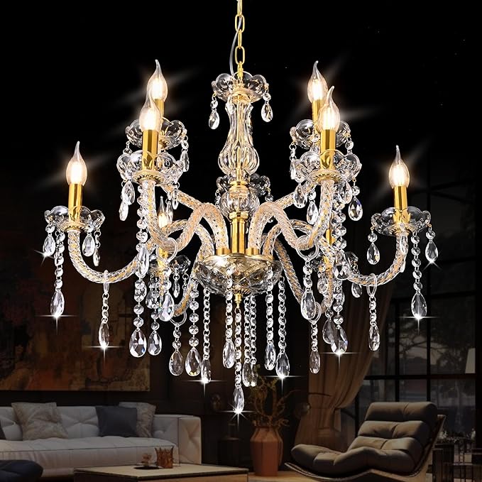 MALOSA Large Gold Crystal Chandeliers for Bedroom,Living Room,Dining Room 9 Lights