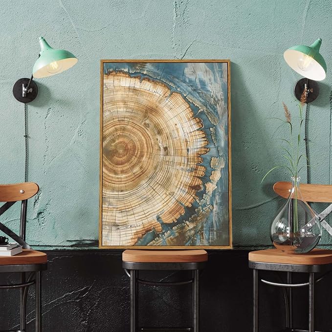 BingruiArt Framed Tree Ring Canvas Wall Art Abstract Wood Wall Decor Boho Modern Colorful Nature Painting Wood Stump Prints Pictures for Living Room Bedroom Bathroom Office 16"x24" Natural Framed(08)