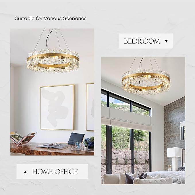 31.9" Gold Modern Crystal Chandelier Light Fixtures Luxury 2 Rings Crystal Chandeliers for Dining Room 16-Light Round Hanging Pendant Lighting for Living Room Kitchen Island Entryway Bedroom